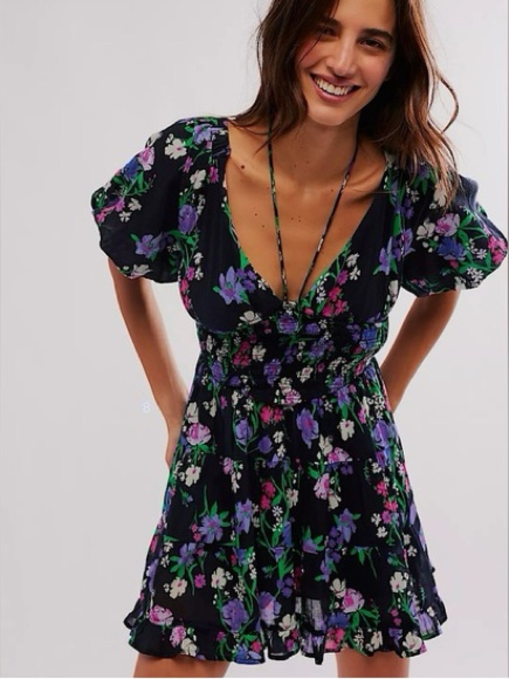 Free People Black Floral Smocked Mini Dress with Purple and Green Accents